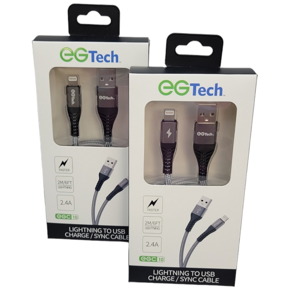 2pk EGTech Fast Charger 6ft Lightning to USB Data Sync Charging Cable, Braided